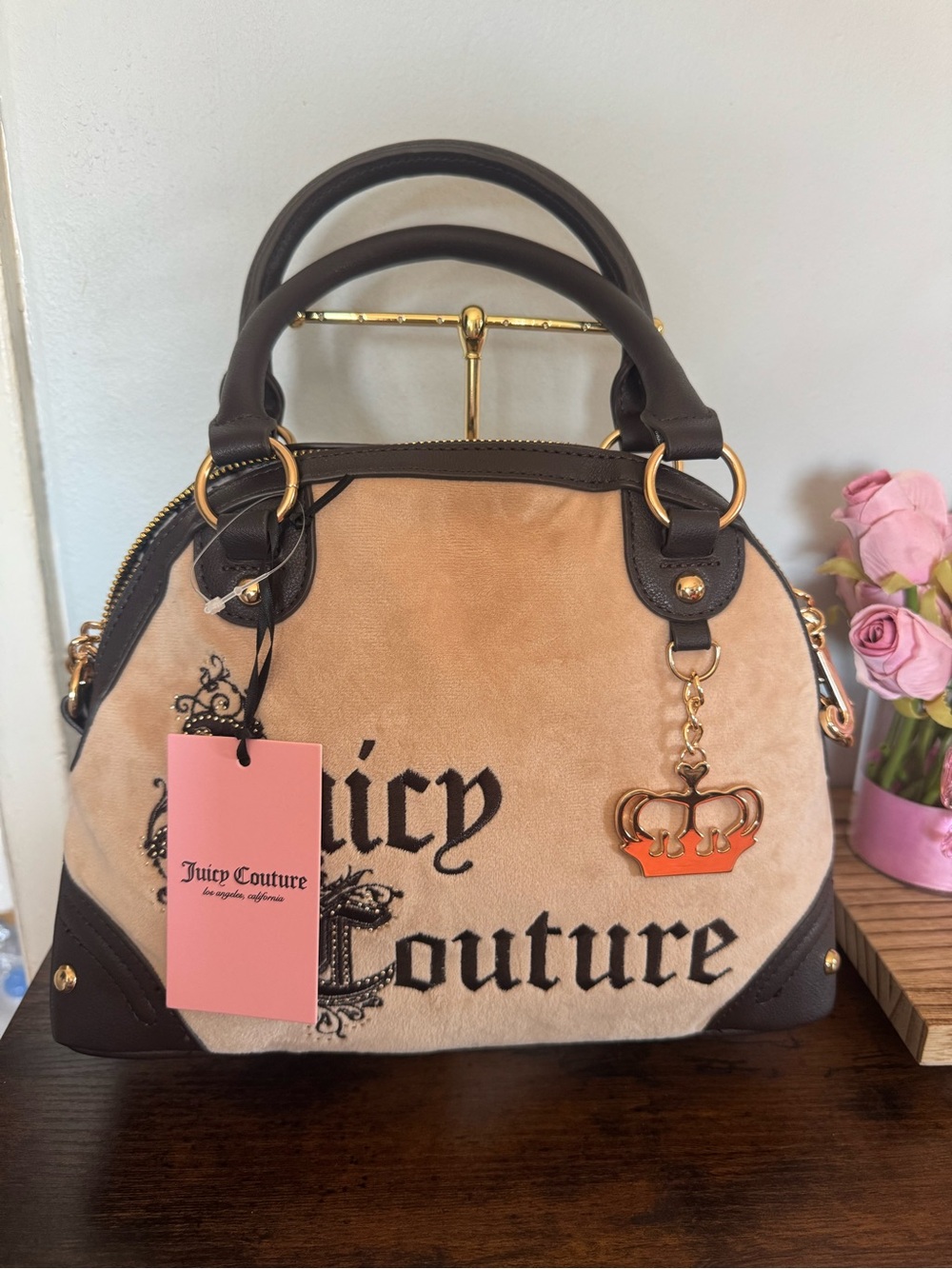 Juicy Couture Tan Velvet Satchel with Brown Trim and Gold Crown Charm